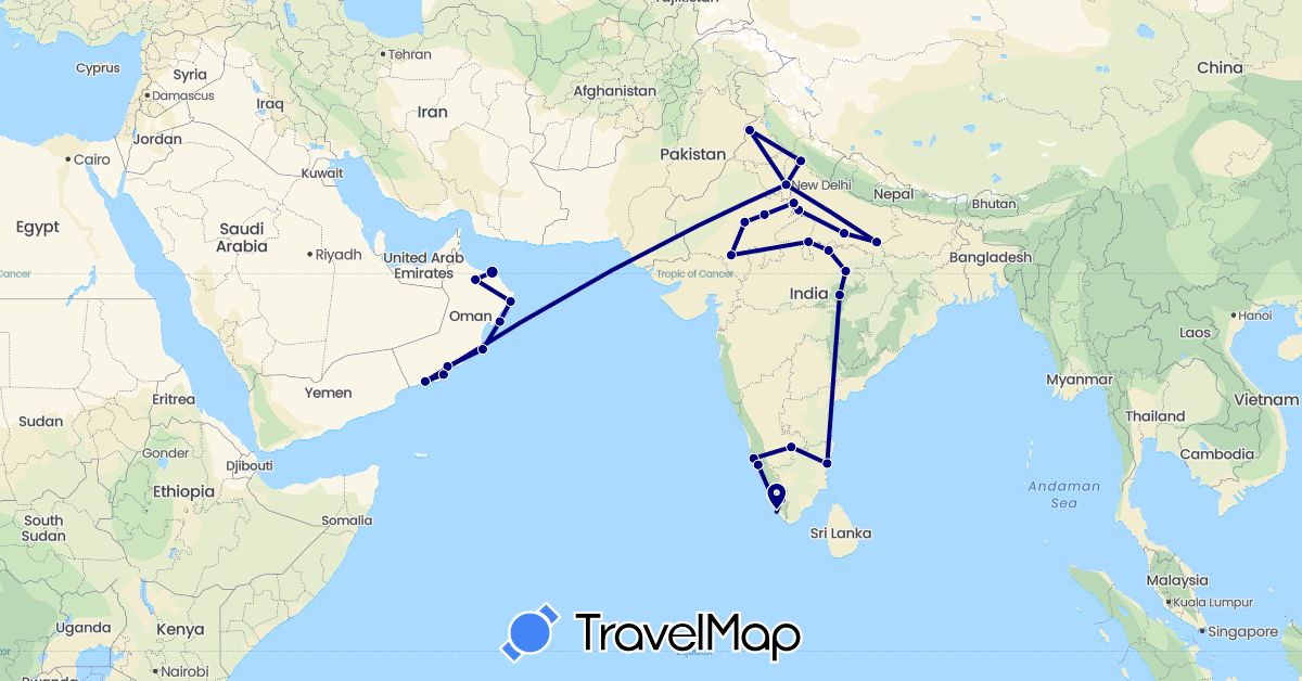TravelMap itinerary: driving in India, Oman (Asia)