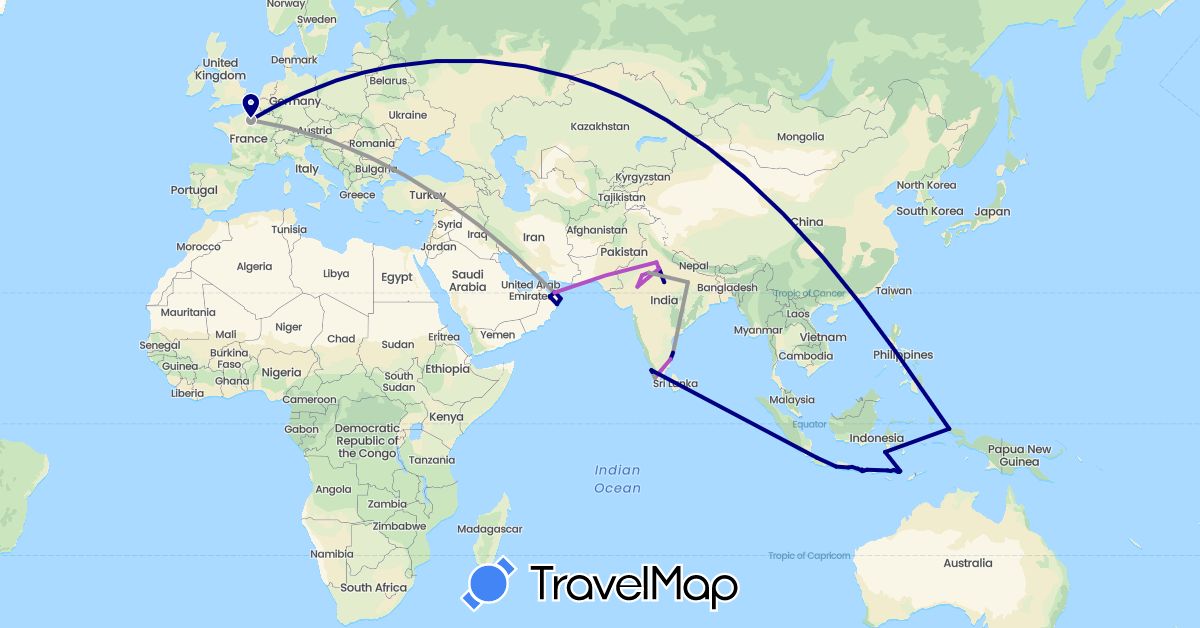 TravelMap itinerary: driving, plane, train in France, Indonesia, India, Oman (Asia, Europe)